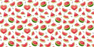 Seamless pattern with cartoon watermelon and heart shaped watermelon pieces. Fruity summer pattern vector
