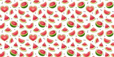 Seamless pattern with cartoon watermelon and heart shaped watermelon pieces. Fruity summer pattern vector