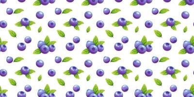 Seamless pattern with blueberries and green leaves on white background. Cartoon illustration of berries for packaging, wallpaper vector