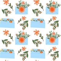 Tender seamless pattern with gift boxes and envelopes with abstract floral compositions. Springtime or summer celebration concept for textile or wallpaper in flat style isolated on white background vector