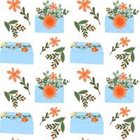Tender seamless pattern with gift boxes and envelopes with abstract floral compositions. Springtime or summer celebration concept for textile or wallpaper in flat style isolated on white background vector