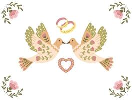 Vintage wedding invitation or horizontal banner in floral folk style with birds, rings and heart in muted colors. Botanical illustration for wedding or engagement invitation on white background vector