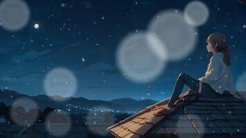 anime meisje zittend Aan de dak van haar huis aan het kijken de maan en sterrenhemel lucht video