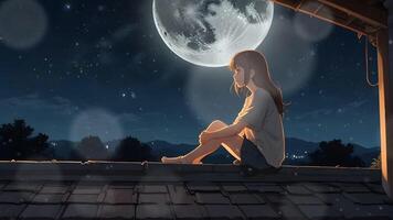 Anime girl sitting on the roof of her house watching the moon and starry sky video