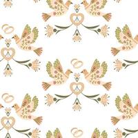 Vintage wedding seamless pattern with abstract birds and rings in folk floral style. Flat fantasy symmetrical illustration in boho style and muted colors. Animalistic print design for textile vector