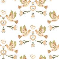 Vintage wedding seamless pattern with abstract birds and rings in folk floral style. Flat fantasy symmetrical illustration in boho style and muted colors. Animalistic print design for textile vector