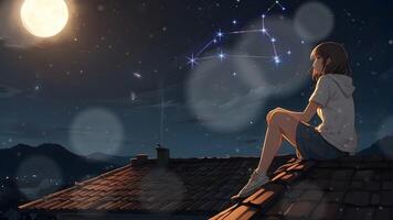 animê menina sentado em a cobertura do dela casa assistindo a lua e estrelado céu video