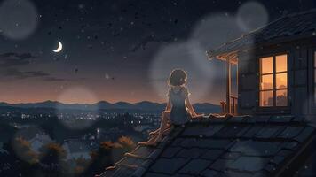 Anime girl sitting on the roof of her house watching the moon and starry sky video