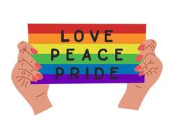 Flat poster with hands and placard in rainbow colors with text Love, Peace, Pride to support LGBTQ community. Pride month concept. flat hand drawn elements isolated on white background vector