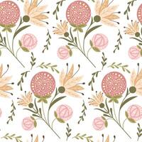 Vintage seamless pattern with fantasy floral composition in folk style in muted colors. Botanical flat illustration in boho style for wedding. Retro nature print design for textile or wallpaper vector