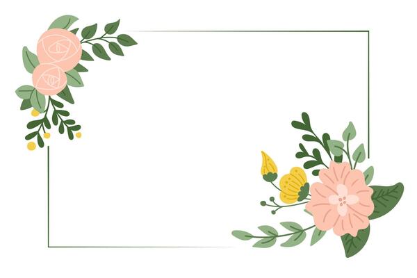 Floral greeting template in flat simple style. Greeting card or invitation for wedding, anniversary and birthday digital card or banner. Modern abstract hand drawn flowers isolated on white background