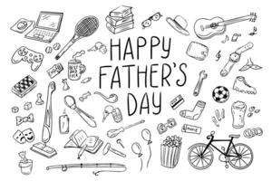 Happy Fathers day doodle outline set. Monochrome black contour isolated elements on white background. Holiday party concept. Good for coloring pages, stickers vector
