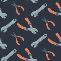 Instrumental seamless pattern with flat drawings of repairing tools. Dark theme. Sustainability and upgrade concept. hand drawn elements isolated on dark background. Industrial concept vector