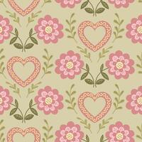 Vintage seamless pattern with flat abstract flowers and decorates heart in folk fantasy style. Floral illustration in boho style and muted colors for wedding. Botanical print design for textile vector