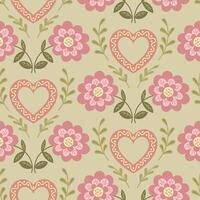 Clásico sin costura modelo con plano resumen flores y decora corazón en gente fantasía estilo. floral ilustración en boho estilo y apagado colores para boda. botánico impresión diseño para textil vector