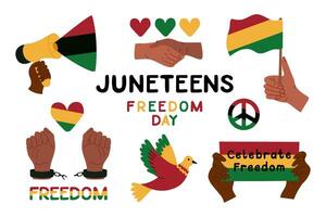 Juneteenth Freedom Day set of stickers in flat style isolated on white background. hand drawn hands and symbols for black history month vector