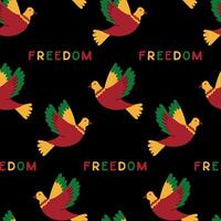 Seamless pattern with birds and word Freedom in traditional African colors. Juneteenth Freedom Day concept. hand drawn pigeon as symbol of freedom and peace. Dark theme. vector