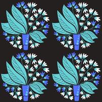 Contrast seamless pattern with abstract floral bunch in modern vase and round shape. Dark theme. Modern print with nature bunch on black background. Print design for textile vector