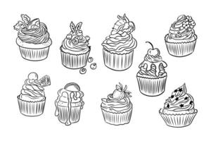 Set of sweet doodle cupcakes for birthday or or other celebration. Collection of sketchy contour drawings isolated on white background. Monochrome black outline stickers vector