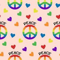 Flat seamless pattern with hearts and peace symbol in rainbow colors supporting LGBTQ community. Peaceful and equality concept. hand drawn illustration for Pride month vector