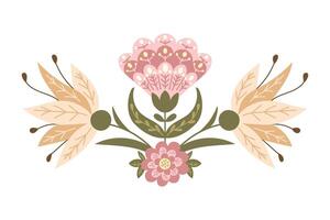 Abstract floral symmetrical composition in folk fantasy style. flat hand drawn illustration in muted colors and boho style isolated on white background. Ideal for home decor or printout vector