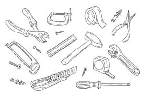 Doodle set of contour drawings of tools for repairing or plumbing. Black hand drawn outline sketchy drawings isolated on white background. Ideal for coloring pages, tattoo vector