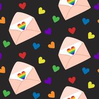 Seamless pattern with flat hearts and envelopes in rainbow colors. Pride and equality concept. LGBTQ community symbols. hand drawn elements on black background vector