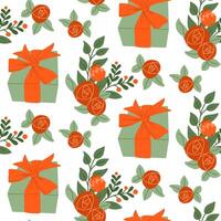 Bold contrast seamless pattern with gift boxes with ribbon and abstract flat floral compositions. Springtime or summer celebration concept for textile or wallpaper isolated on white background vector