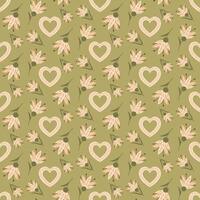 Seamless pattern with flat folk abstract flowers and decorated hearts in muted colors. Botanical illustration in retro boho style for wedding . Vintage nature print design for textile or wallpaper. vector