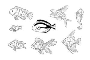 Contour doodle set with fish. Collection of sketchy contour drawings isolated on white background. Monochrome black outline stickers vector