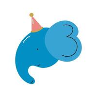 Cute elephant in party hat. Flat cartoon illustration isolated on white background. For birthday, party, card, printing. vector