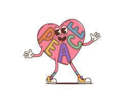 Cartoon peace heart groovy character, open arms vector