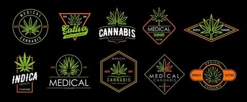 Cannabis marijuana icons, medical cbd, weed leaf vector