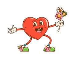 Cartoon groovy valentine heart with flowers vector