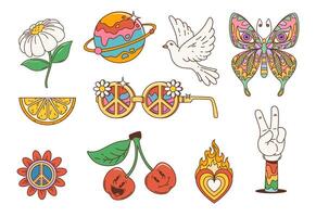 Retro hippie groovy flower, heart, peace symbols vector