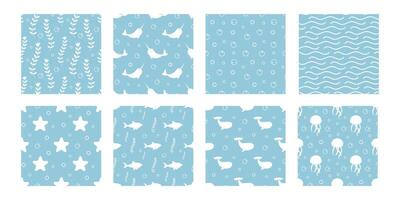 Set underwater seamless pattern. Shark, whale, algae, sea star, wave, bubble, dolphin, narwhal, jellyfish. Simple. vector