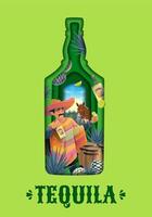 Tequila bottle paper cut banner, Mexican drink vector