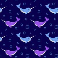 Adorable narwhal with bubble seamless pattern. Cute isolated on dark blue background. vector