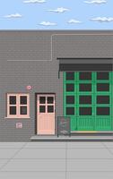 a cafe building with gray walls and green doors pink windows with blue sky and clouds vector