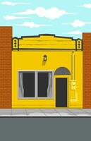 a yellow shop on the side of the road Surrounded by brick buildings vector