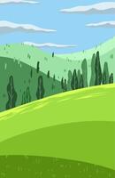 Landscape of green grass fields and hills with pine trees for the background of children's picture story books vector