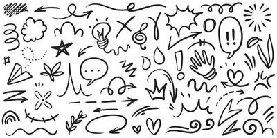 Hand drawn set elements, Abstract arrows, ribbons, hearts, stars, crowns and other elements in a hand drawn style for concept designs. Scribble illustration. vector