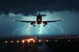A landing Aircraft struck by a lightning in the sky. photo