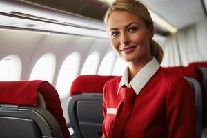 A friendly stewardess at work in a plane. AI generativ photo