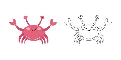 Cute crab character, sea animal. cartoon illustration for children's coloring books, outline and example in color. vector