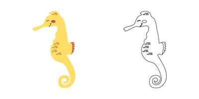 Coloring book funny yellow seahorse. cartoon illustration for children's coloring books, outline and example in color. vector