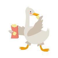 Funny cute goose eating chips vector