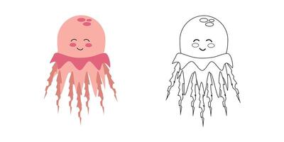 Cute pink jellyfish character, sea animal. cartoon illustration for children's coloring books, outline and example in color. vector