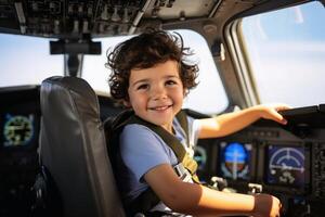 un contento niño en el cabina de un aeronave. foto
