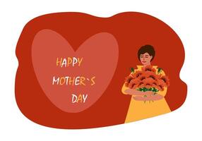 saludo tarjeta, horizontal bandera para de la madre día. joven mujer con un ramo de flores de rojo amapolas y el inscripción - contento de la madre día vector